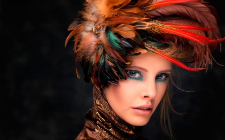 Beauty - woman, hat, feathers, girl, fashion, make-up, black, model, makeup, face, jaleesa, feather, look