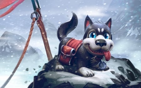 Duskie The Husky - puppy, winter, duskie the husky, black, fantasy, white, dota 2, game, red, snow, dog, cute