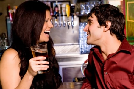 Happy times - woman, flirt, couple, man, bar, brunette, laughs, happy