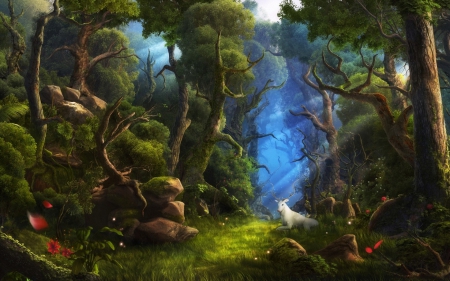 Forest - forest, digital, deer, blue, art, white, fantasy, tree, painting, green