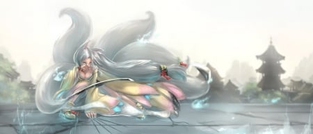 Nine Tails - pretty, anime, kitsune, fox, long hair, gorgeous, hd, nice, silver hair, tails, anime girl, beautiful, hot, girl, beauty, lovely, sweet, cg, awesome, sexy