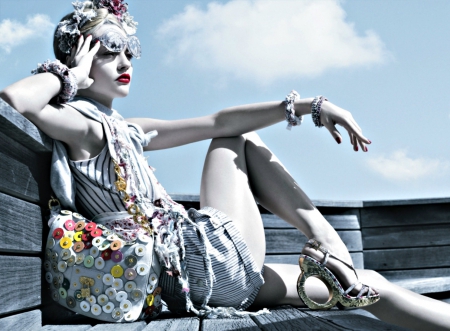 Sasha Pivovarova - hat, Sasha Pivovarova, summer, blue, girl, stilettos, shoes, make-up, woman, model