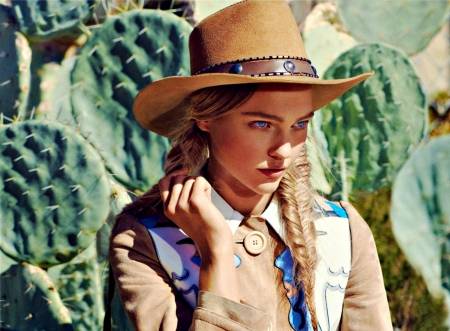 Sasha Pivovarova - Sasha Pivovarova, blue, girl, eyes, cowgirl, vogue, green, woman, model, cactus