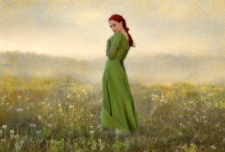 * - green dress, woman, painting, beauty, fantasy arts, country