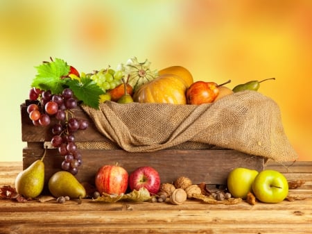 Autumn Fruits - fall, grapes, apples, autumn, autumn splendor, fruits, leaves