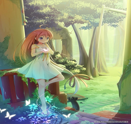 Forest Magic - butterfly, girl, forest, magic, long hai, cute, fantasy, orginal