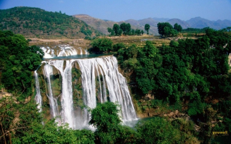 Waterfall - nature, waterfalls, hills, trees