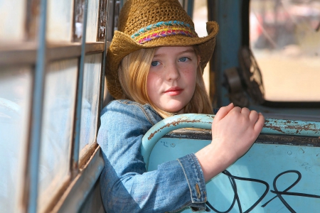 Long Ride Home - fun, female, hats, models, children, girls, cowgirls, bus, cute, westerns