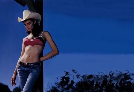 Lonely Evening - famous, girls, women, fun, models, trees, westerns, female, cowgirls, mountains, hats, outdoors, lonely, ranch