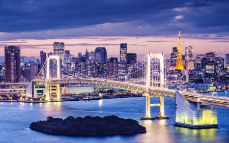 Tokyo - japan, scenery, odaiba, lake, city, sky, bridge, japanese