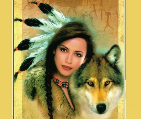 Spirit Of The Wolf~For Littlecloud - native, wolf, indian, eyes, beauty, creature, fantasy, woman, black hair, feathers