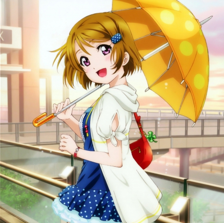 Yellow Umbrella - cute, blond hair, happy, beautiful, blonde, anime girl, adorable, girl, umbrella, smiling, blond, blonde hair, jacket, blouse, pretty, kawaii, short hair, beauty, sweet, brown hair, anime, hd, dress, cg, bag, nice, lovely, smile, scene, female