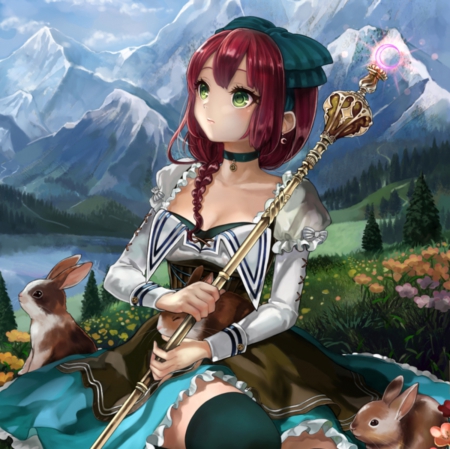 Maiden - cute, beautiful, anime girl, adorable, girl, redhead, rabbit, scenery, mountain, bunny, staff, pretty, kawaii, landscape, beauty, wand, sweet, anime, rod, dress, red hair, long hair, hill, nice, lovely, scene, female