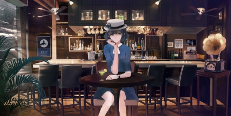 Lonely Cafe - pretty, anime, shelf, female, scenery, cafe, scene, maiden, wine, nice, miniskirt, anime girl, realistic, bottle, skirt, beautiful, restraurant, girl, table, beauty, lovely, cap, sweet, waitress, chair, counter, blouse, glasses, lady, desk