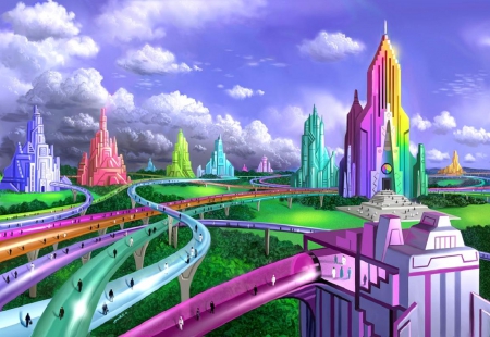 Fantasy City - futuristic, sky, trees, clouds, city, colorful, buildings, fantasy