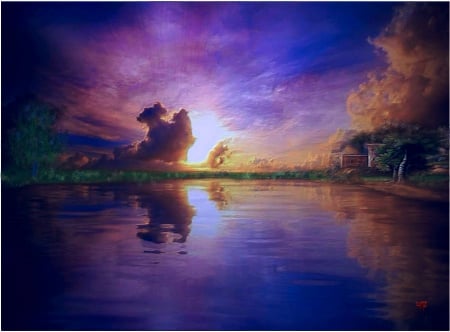 Ocaso en el lago - color, pasion, fantasia, vista