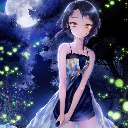 Wet Night - nice, beauty, female, magic, sundress, water, anime girl, black hair, pretty, dark, anime, scene, yellow eyes, moon, girl, light, night, wet, lovely, cg, hd, glow, beautiful, scenery, sweet, dress