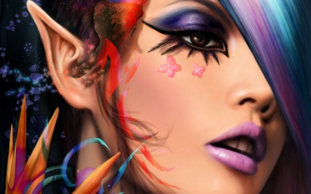 Elf beauty - beauty, woman, elf, girl, make-up, fantasy, face, art, purple, pink, red, blue