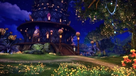 Tera - game, tera, blue, night, magical, light, pink, dark, fantasy, purple, green, garden, castle