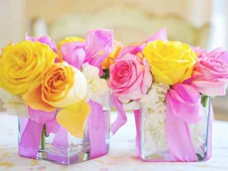 Beauty in Vase - flowers, vase, roses, yellow, photography, ribbon, pink