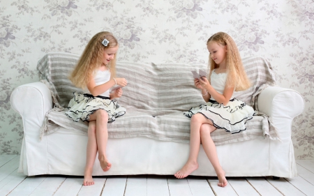 Playing cards - play, sofa, girl, blonde, children, child, cards, white, cute, couple