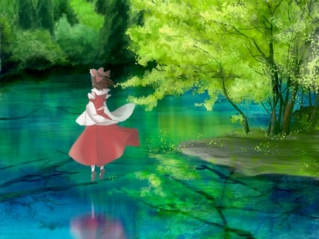 Green Lake - anime, hakurei, female, scene, shrine maiden, reimu hakurei, forest, plant, reflection, float, touhou, reimu, lake, hakurei reimu, anime girl, water, pond, girl, tree, nature, green