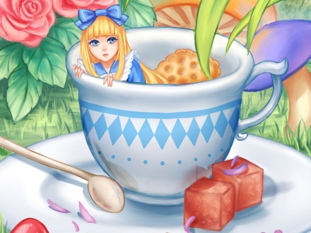 Alice Cup - ed rose, flower, rose, cute, blond hair, anime gril, long ahir, blonde, alice, plate, adorable, cup, girl, tiny, blond, blonde hair, red rose, small, floral, tea cup, food, alice in wonderland, kawaii, anime, giant, spoon, chibi, mini, female