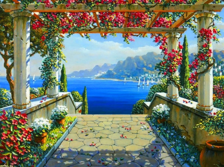 Amalfi Arbor - summer, walk, arch, beautiful, amalfi, village, arbor, vacation, view, flowers, sailboats, art, lake, sky, coast, lovely, sea, painting