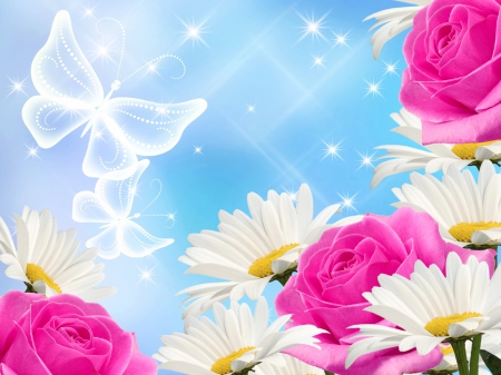 Flowers background - roses, background, bouquet, lovely, butterfly, pretty, beautiful, flowers, daisies