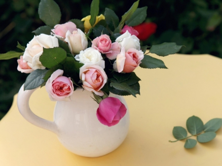 roses in a teapot - flowers, teapot, still life, pink roses