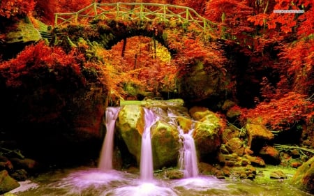 amazing waterfall under the bridge - waterfall, bridge, nature, fall season