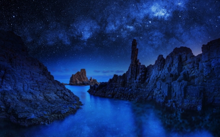 Small Bay - cliff, night, sky, bay