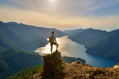 Inmensity - woman, from the height, sky, lake, mountains, forest, beautiful, clouds, climb, viewpoint