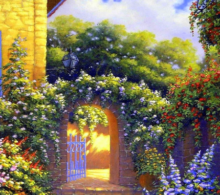 ★Beautiful Door★ - trees, gate, attractions in dreams, gardens, creative pre-made, beautiful, paintings, colors, lovely, flowers, door, love four seasons, houses