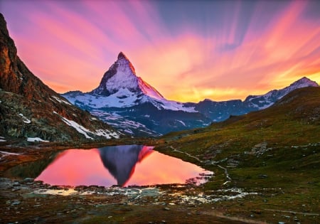 Reflection - clouds, water, splendor, landscape, sunrise, sunset, nature, lake, mountains, sky