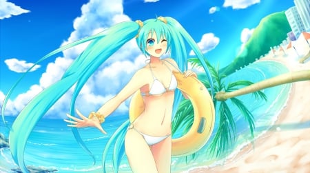 Hatsune At The Beach - hatsune miku, ocean, beach, sky, swimsuit, water, summer, shore, ponytails, blue hair, clouds, vocaloid, anime, wink