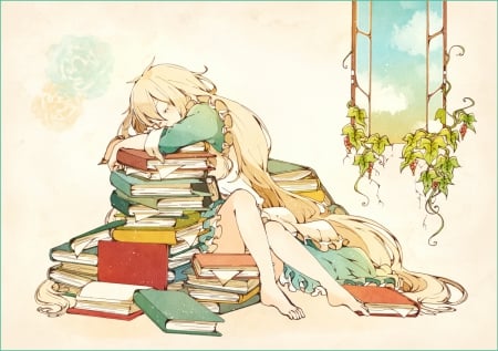 ~Sweet Dreams Mary~ - kagerou project, anime, vocaloid, window, kozakura mary, books, long hair, grapes, barefoot, sleeping