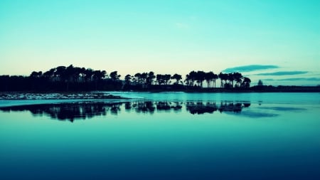 Trees and Lake Reflection in Blue - reflections, trees and lake, nature, blue, lake, reflec