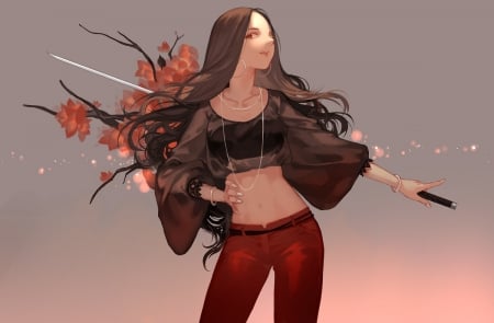 ~Beautiful Lady~ - pretty, red pants, anime, sword, brown hair, long hair, flowers, necklace, woman, navel