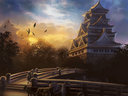 Overlooked Palace - realistic, beauty, nice, sky, magic, fantasy, pretty, cloud, dark, evening, house, bridge, temple, scene, palace, building, scenic, night, lovely, bird, dawn, beautiful, shrine, scenery, sweet