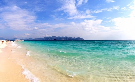 Crystal Clear Ocean - beach, white sand, paradise, summer, yacht, beautiful, clouds, thailand, island, sea