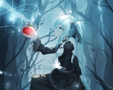 Ghost Hand - pretty, magic, female, nice, silver hair, voclaoid, gown, ghost, creep, vocaloid, anime, dress, hatsune miku, forest, long hair, dark, lolita, fruit, sparks, loli, creepy, branches, branch, anime girl, brancehs, girl, gothic, lovely, sweet, black, fantasy, hand, miku, hatsune, apple, eerie