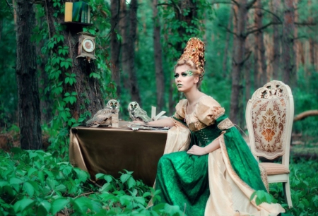 Beauty - forest, lady, owl, green