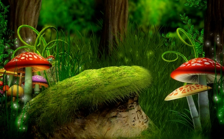 Fantasy forest - mushrooms, forest, pretty, beautiful, grass, art, fantasy, magic, lovely, mystic, trees, nature