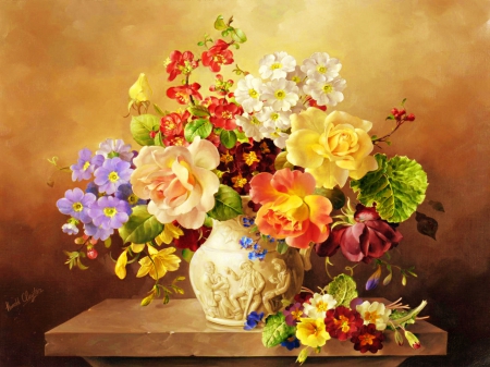 Still life - pretty, vase, beautiful, still life, bouquet, harmony, flowers, colorful, painting, art