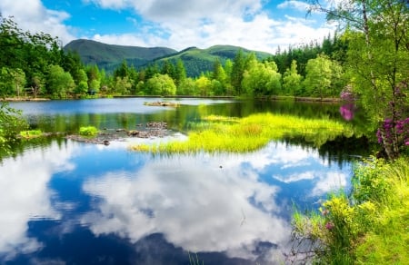 Mountain lake - lake, sky, landscape, trees, clear, lovely, serenity, calm, nature, forest, reflection, clouds, tranquil, beautiful, grass, pond