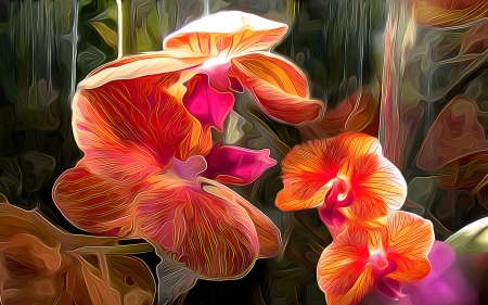 Orchids - poster, painting, orchid, orange, flower, art