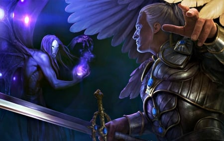 Fighting with magic - knight, wings, might and magic heroes, fantasy, armor, might and, art, purple, game, blue, creature, man