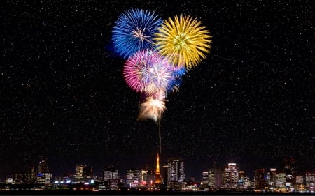 Fireworks over Japan - fireworks, fireworks over japan, japan, buildings