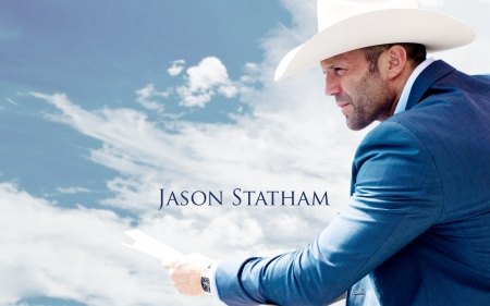 Jason Statham - hat, actor, Jason Statham, blue, man, white, cowboy, word, cloud, sky